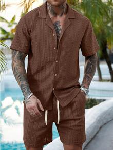 VENTUSAIL Plus Size Men's Hollow Out Textured Short Sleeve Shirt & Shorts Set Men Vacation Outfit Sets Men Summer Holiday Clothes Resort Wear Men Holiday - Rust Brown - View 5