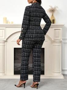 SHEIN Lady 黑色粗花呢印花女士两件套 优雅通勤女士两件套 - 黑色 - 查看 3