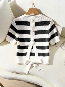 Franclia Women's Elegant Outdoor Outfit, Round Neck Striped Tie-Up Hollow-Out Knit Top, Early Spring - Black - View 3