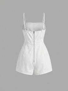 SHEIN MOD Women's Solid Color Asymmetric Hem Denim Jumpsuit - White - View 2