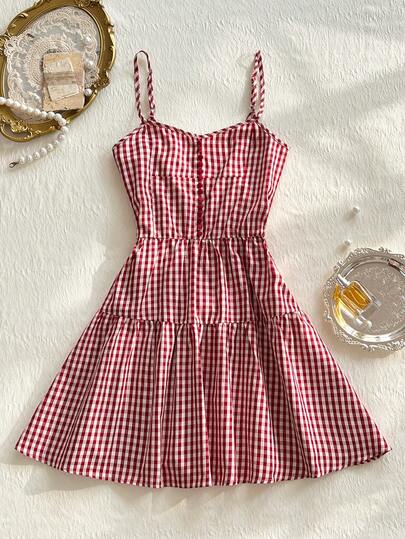 INAWLY 女士休闲红色格子吊带短裙