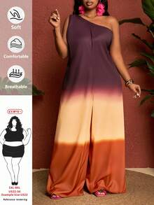 SHEIN CURVE+ Curve 尺码 US22 音乐节、海滨度假、波西米亚风女士舒适卡其色渐变数码印花性感优雅无袖连体裤，适合各种场合 - 彩色 - 查看 7
