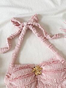 SHEIN Áo tank top cổ yếm chất liệu vải dệt họa tiết, kiểu dáng Y2K, dành cho bé gái tuổi teen, thích hợp mặc hàng ngày hoặc đi nghỉ mát, điểm nhấn là chi tiết kim loại. - Hồng - Xem 3