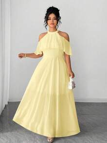 Elenzga Women's Plus Size Pale Yellow Plain Woven Fabric Halter Cold Shoulder Long A Line Elegant Prom Dress - Pale Yellow - View 7