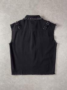 ROMWE MEN Men's Rivet Design Single-Breasted Casual Denim Vest - Black - View 2