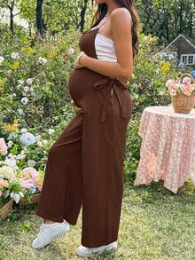 SHEIN Maternity Solid Color Minimalist Casual Jumpsuit - Coffee Brown - View 4