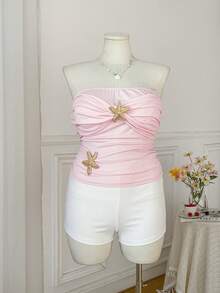 SHEIN EZwear Bộ áo hai dây và quần short phối màu tương phản Starfish, trang phục thường ngày đi nghỉ mát, cỡ lớn. - Màu Hồng baby - Xem 4