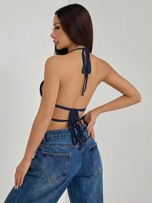 SHEIN PETITE Women's Pleated Halter Neckline Waist-Tied Backless Tank Top - Navy Blue - View 3
