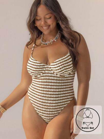 Aralina Traje de baño de una pieza con textura a rayas, con aros, para mujer, perfecto para vacaciones, 4 de julio y días de playa en verano