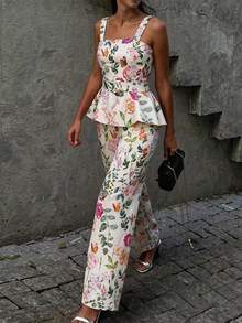 DAZY Women's Elegant Floral Print Square Neck Sleeveless Belted Vest And Wide Leg Pants 2-Piece Set, Summer Spring,Wedding Guest Women Boho - Apricot - View 10