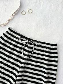 Teen Girl Knitted Striped Drawstring Waist Casual Pants Black And White Clothes For Tween Girls - Black and White - View 5