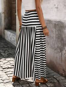Women's Striped Knotted Pleated Casual Versatile Date Outing A-Line Skirt - Black and White - View 4