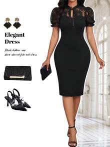 Fleurora Summer Puff Sleeve Lace Patchwork Black Bodycon Midi Dress - Black - View 3