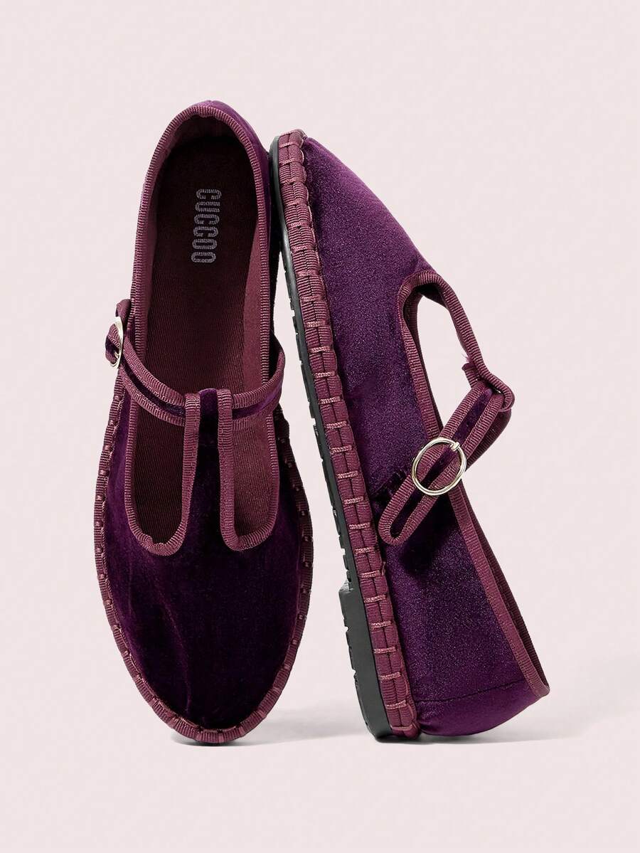 CUCCOO DOLLMOD 女士蓝色优雅丝绒经典舒适T字带玛丽珍平底鞋 - 紫色 - 查看 1