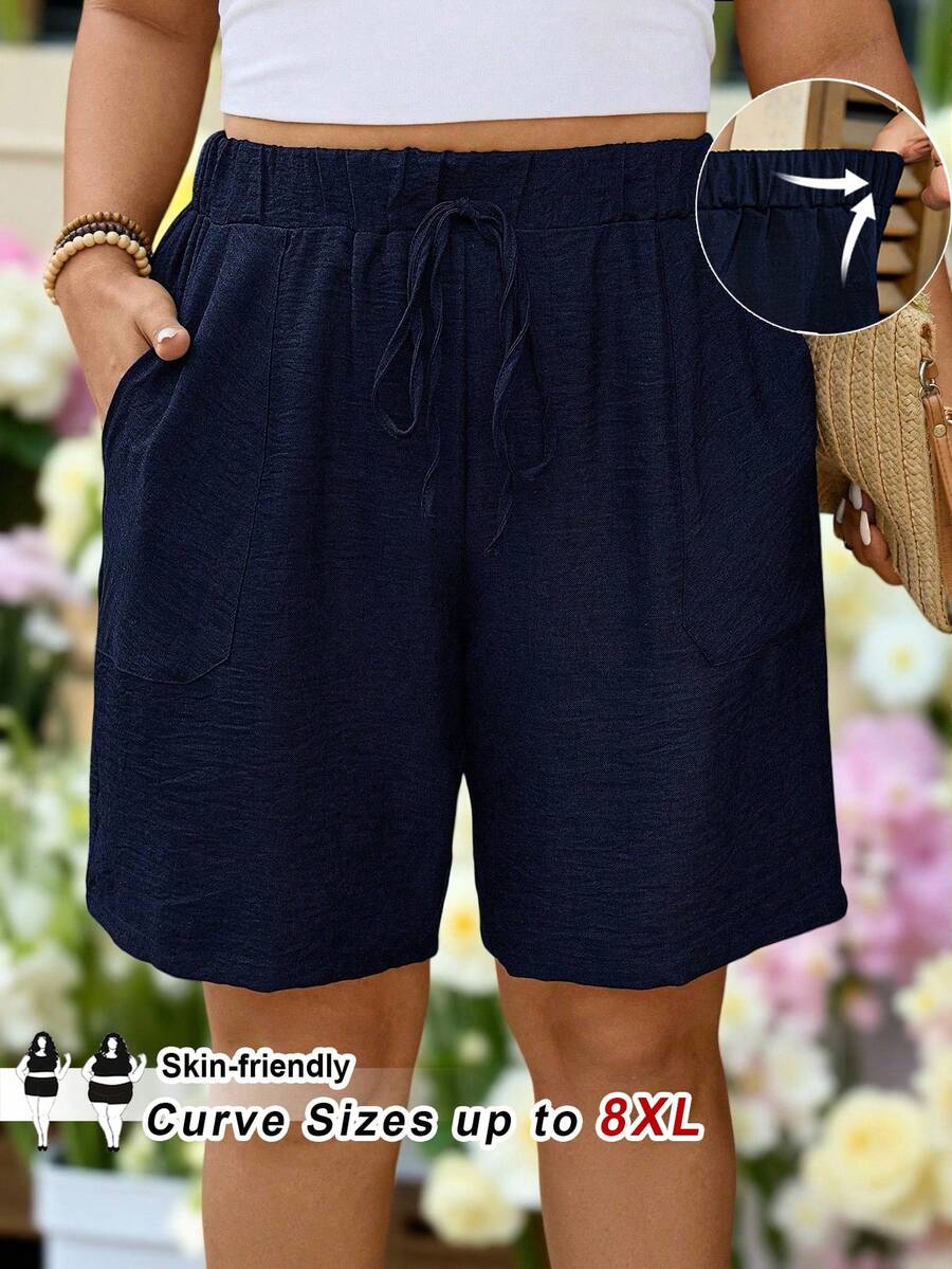 SHEIN CURVE+ 大码女式纯色抽绳腰带口袋宽松舒适休闲短裤，藏蓝色女式短裤，夏季女式短裤，休闲女式短裤，松紧腰短裤，亚麻短裤，女士假日短裤 - 藏蓝色 - 查看 1