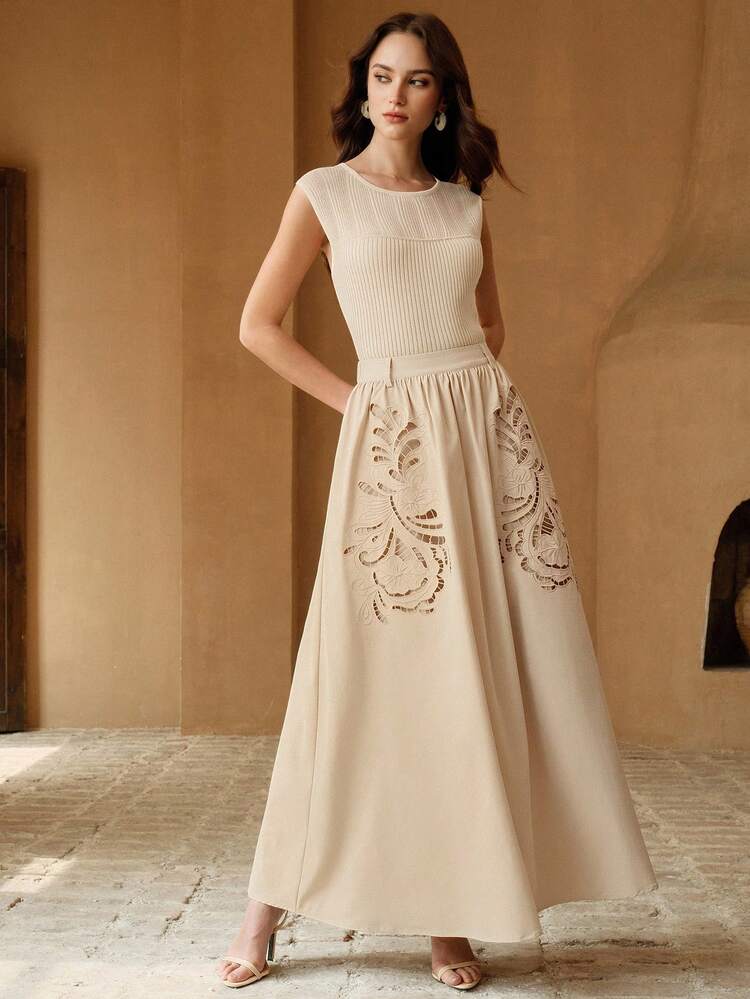 New Arrival Spring/Summer French Retro Khaki A-Line Skirt, Embroidered Hollow-Out Design For Women