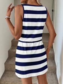 Easowa 休闲简约日常基础款蓝色条纹航海风沙滩装，女士夏季连衣裙，收腰设计，印花图案 - 彩色 - 查看 4