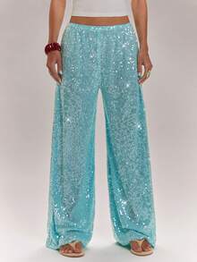 SHEIN BAE Quần ống rộng cạp thấp màu xanh bóng, quần đi nghỉ mát, quần đi biển, quần nghỉ xuân, quần đi ăn trưa, quần đính hạt, quần Ibiza, quần mùa hè, quần đi nghỉ mát kiểu Ý - Màu xanh ngọc - Xem 4