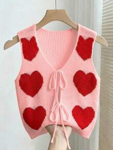 SHEIN Franclia Nuevo suéter sin mangas de punto con estampado de corazón romántico para el Día de San Valentín, de cuello en V casual con lazo, para mujer. Suéter de punto con diseño de corazón, top de punto lindo para mujer. Chaleco de punto con forma de corazón, suéter de punto de invierno para mujer - Multicolor - Ver 8