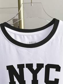 Franclia Women's Color Block Letter Print Round Neck Short Sleeve T-Shirt - White - View 5