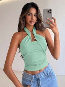 Aloruh Regata Feminina Elegante com Fivela de Metal, Cintura Marcada, Franzida e Decote com Laço - Verde Menta - Visão 6