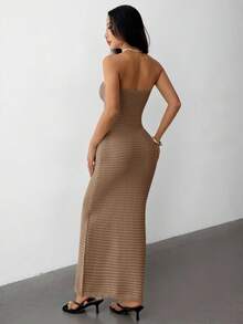 SHEIN PETITE Vestido tubo de ganchillo hecho a mano, de ajuste ceñido, romántico y de vacaciones de verano, adecuado para citas, vacaciones, uso diario casual y elegante en otoño/invierno - Camel - Ver 2
