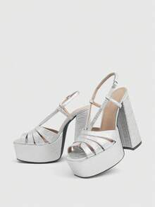 CUCCOO LuxiPop Sandalias de plataforma con tiras cruzadas y suela gruesa plateadas para mujer, estilo de fiesta de discoteca, adecuadas para primavera, verano, vacaciones, estilo de los 2000 - Plateado - Ver 6