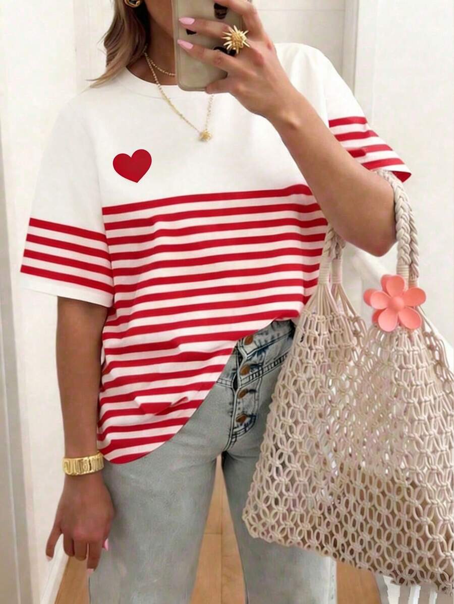 EMERY ROSE 标语经典百搭时尚Y2K图案T恤，女士休闲圆领短袖简约T恤，夏季女装，度假装，沙滩装 - 彩色 - 查看 1