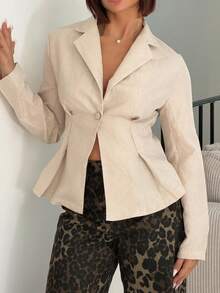 IamThia 女士休闲亚麻收腰长袖翻领薄款西装外套，杏色，秋冬 - 杏色 - 查看 4