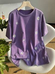 SHEIN EZwear 大码女式休闲花卉刺绣短袖T恤，夏季 - 淡紫色 - 查看 5