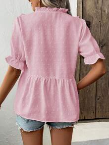 SHEIN LUNE 女士3D镂空V领花瓣袖衬衫 - 粉色 - 查看 2