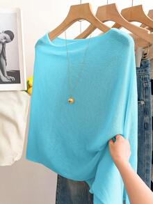 Women's Casual Loose Vacation Style White Shawl Poncho Sweater, Suitable For Spring/Summer - Blue - View 5