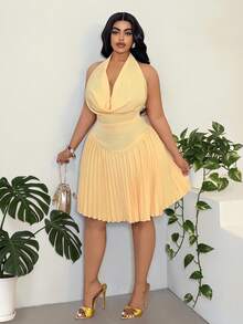 Maweii 大码性感优雅露肩露背蝴蝶结连衣裙 - 黃色 - 查看 3