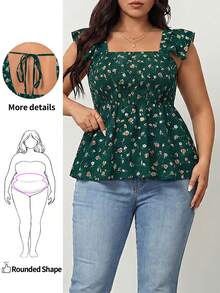 Enliva Camiseta sin mangas con cuello cuadrado, volantes en el bajo y cintura elástica con estampado floral pequeño para mujeres de talla grande y silueta redondeada - Verde - Ver 1