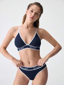 Loungeista Conjunto de sujetador y panty de gráficos de letras con encuadernación de contraste, conjunto de lencería deportiva - azul real - Ver 7