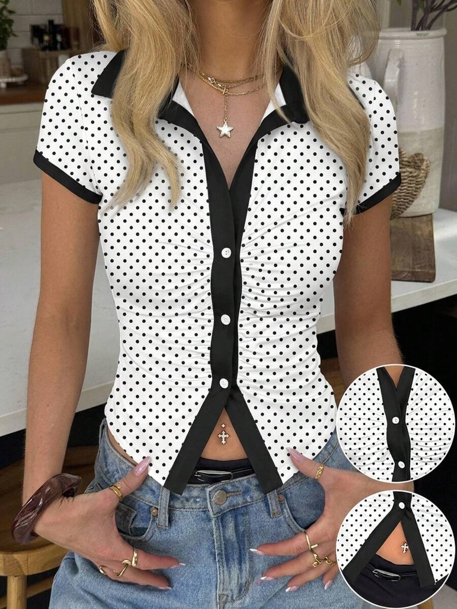 SHEIN EZwear Women's Casual Polka Dot Print Contrast Trim Shirt, Summer,Summer Top - White - View 1