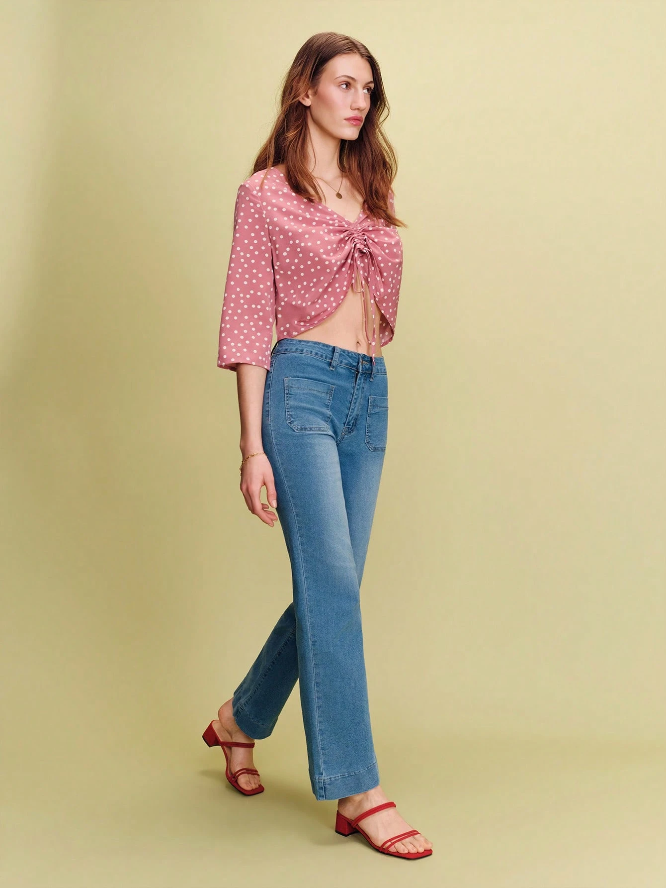 Printed Top With Deep V Neckline And Ruched Front Tie Spring Summer French Style Parisian Style Officewear Elegant Top Pink Summer Top Going Out