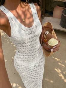 SHEIN Clasi Women's Vacation Beach Cover Up Diamond Hollow Out Sleeveless Crew Neck Knit Long Slit Sweater Dress, Spring/Summer - Apricot - View 3