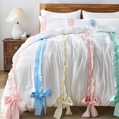 Bộ chăn ga gối Hàn Quốc viền bèo 3 món, bao gồm 1 vỏ chăn và 2 vỏ gối (không kèm ruột chăn).