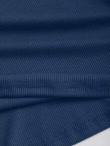 Sweetra Streetwear Wanita, Kaos Lengan Pendek 2 in 1 dengan Lubang Tali Setengah Terbuka dan Hiasan Renda, Warna Polos - Navy Blue - View 4