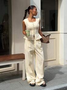 SHEIN EZwear White Woven Commuter Women's Vest & Pants Suit - Apricot - View 6