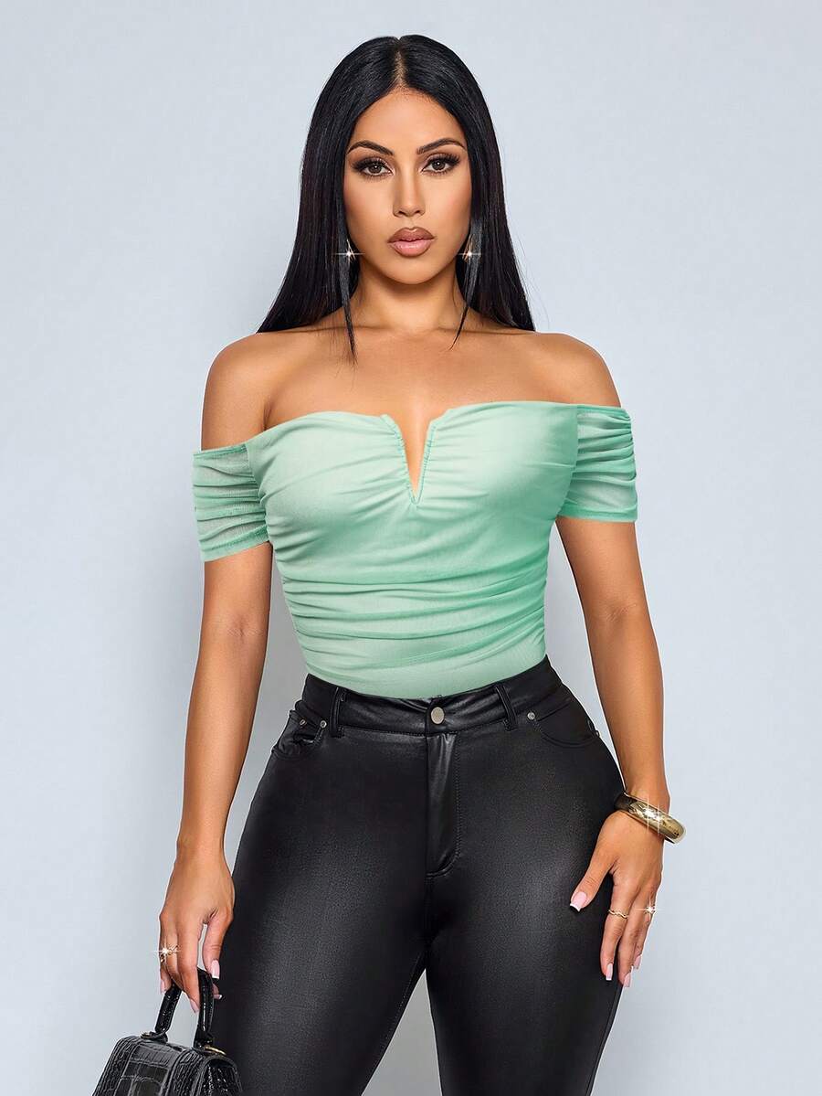 Women's Spring/Summer New Elegant And Sexy Off-Shoulder V-Neck Mesh Pleated Bodysuit In Burgundy - Mint Green - View 1