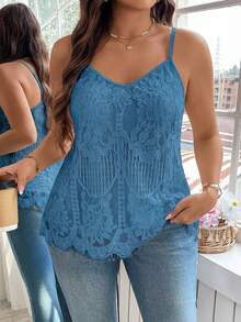 Reflora Plus Size Women Floral Lace Camisole - Mint Blue - View 1
