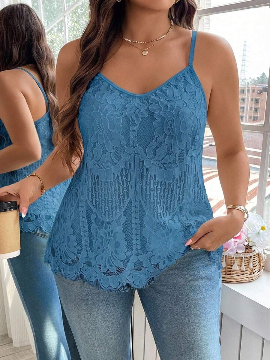 Reflora Plus Size Women Floral Lace Camisole - Mint Blue - View 1