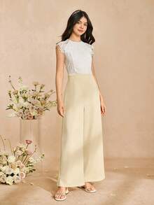 Combinaison élégante avec garniture en dentelle pour filles et femmes, pantalon à taille haute et jambes larges en tissu doux et tissé, convient pour le port quotidien, les fêtes et les rassemblements - Nude - Voir 6