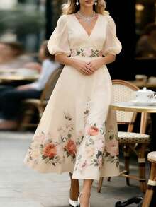 Balvessa 优雅印花连衣裙，适合通勤和夏季穿着。 - 杏色 - 查看 5