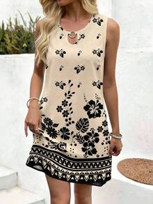 SHEIN LUNE 女士休闲无袖印花短款度假连衣裙，夏季连衣裙，度假装，波西米亚风连衣裙，无肩带连衣裙，衬衫裙 - 彩色 - 查看 5