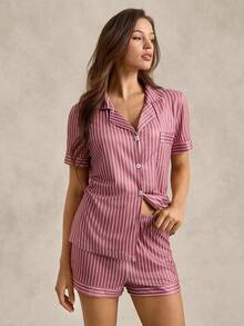 EverLounge Women's Dusty Pink Striped Pajama Set,Summer Casual Lounge Short Sleeve Button-Up Top & Elastic Waist Shorts,Relaxed Fit Soft Fabric Classic Design - Multicolor - View 4
