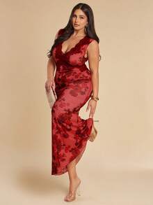 SHEIN BAE Plus Size Women's Elegant Red Floral Print Satin Dress,Autumn V-Neck Lace Patchwork Bodycon Maxi Dress,Sleeveless Party Special Occasion Long Dress - Multicolor - View 1