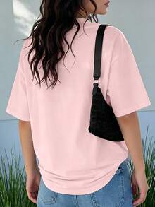 SHEIN Women's Round Neck Casual Printed Bikini T-Shirt, Versatile For Daily Wear - Pink - View 2